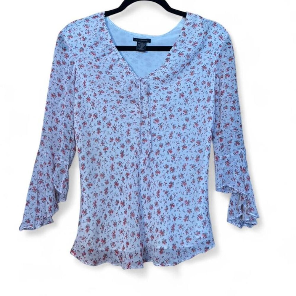 Ann Carson Silk White and Pink Floral-Print Blouse - M